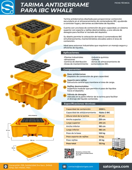 Portada de la ficha técnica de Tarima Antiderrames Whale para IBC